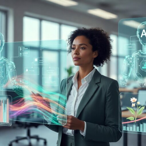 KI-Agenten Führung: Eine Führungskraft wird durch smarte KI-Agenten unterstützt – Symbol für Qualität statt reiner Effizienz und die Stärkung von Selbstwirksamkeit im Unternehmen.“