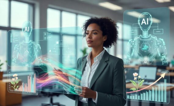 KI-Agenten Führung: Eine Führungskraft wird durch smarte KI-Agenten unterstützt – Symbol für Qualität statt reiner Effizienz und die Stärkung von Selbstwirksamkeit im Unternehmen.“